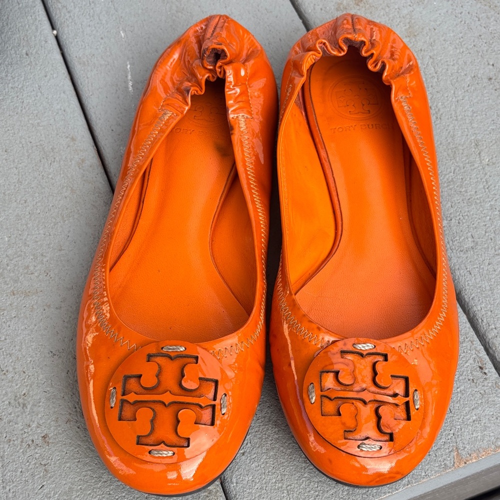 Tory Burch Bright Orange Patent Leather Emory Ballet Flats